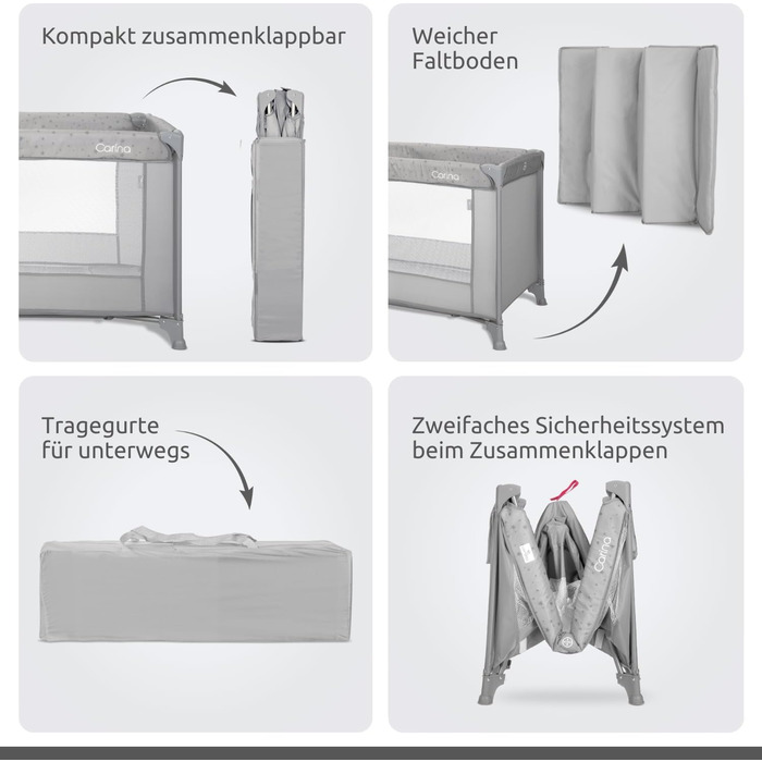 Дитяче ліжечко Lorelli Baby Travel Cot, 2 в 1, дитяче ліжечко та манеж Carina, дитяче ліжечко від народження до 15 кг, складне, включаючи сумку для транспортування, сірий