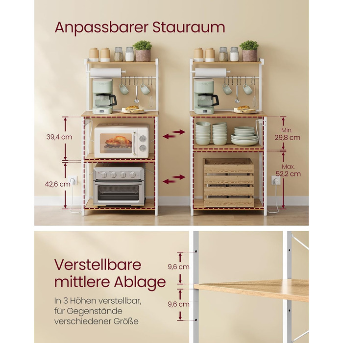 Кухонна полиця VASAGLE з розетками, окремостояча полиця, полиця для мікрохвильової печі, 4 рівні та 8 S-подібних гачків, регульована полиця, тримач для кухонних пакувальних машин, 40 x 60 x 140 см, Золотий дуб-хмарно білий KKS014Y02 60B см Золотий дуб мат