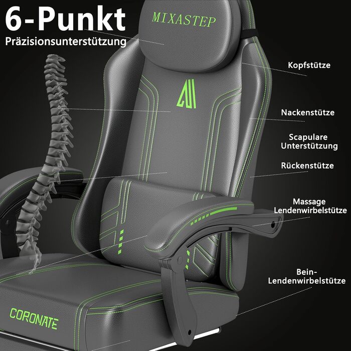 Ергономічне ігрове крісло з регульованою спинкою та функцією повороту на 360 - Офісне крісло для дорослих/молоді 150 кг, тканинне крісло з ПК зеленого кольору для домашнього офісу/ігор