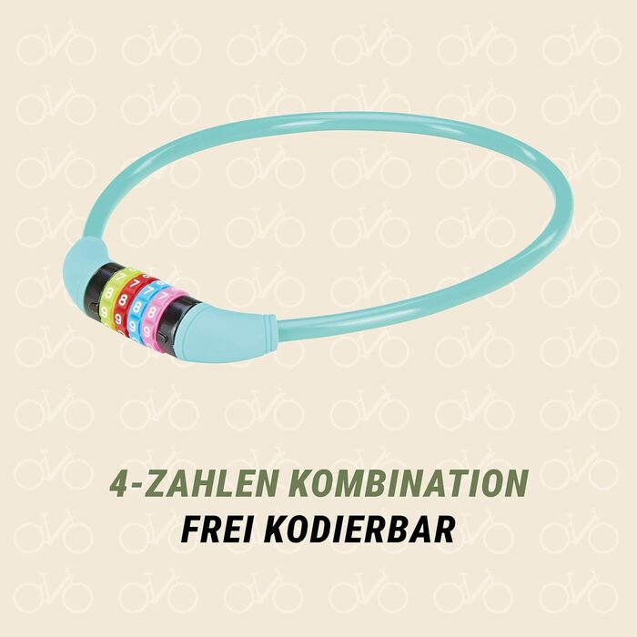 Велосипедний замок Prophete, дитячий кодовий замок з цифрами, 4-значний код, з можливістю самостійного налаштування, розміри 650 мм, діаметр 10 мм, бірюзовий