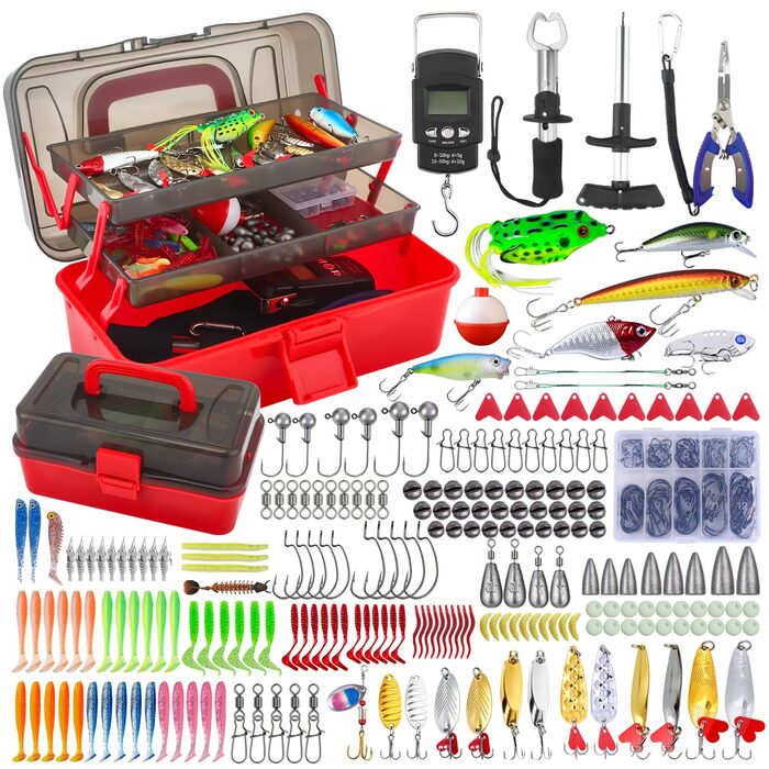 Набір рибальських снастей із 314 предметів, набір рибальських снастей з рибальськими аксесуарами, затискачами для губ, знімачем гачків, гачками, рибальськими приманками, коробкою для снастей на 3 полиці. Підходить для початківців та професіоналів у компле