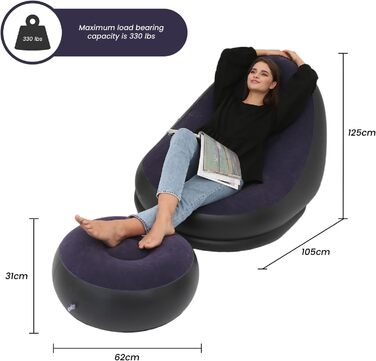 Надувне крісло, надувний шезлонг, надувне крісло, надувний лежак з пуфом для кемпінгу, ігор, обідніх перерв, садових вечірок, прийняття сонячних ванн (синій)