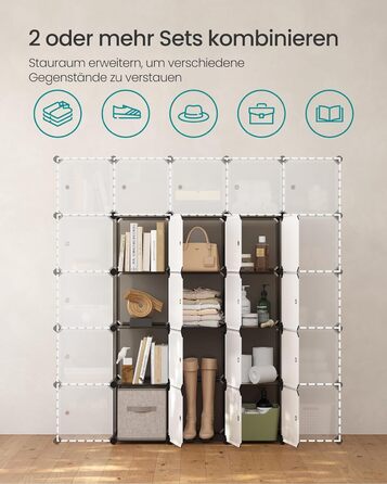 Система полиць, Взуттєва полиця, Набір із 16 кубів, Пластикова шафа з дверима, Модульні полиці, Місце для зберігання одягу, взуття та книг, Легке складання, Сірий LPC443G01 16 кубів (123Ш x 123В см) Сірий