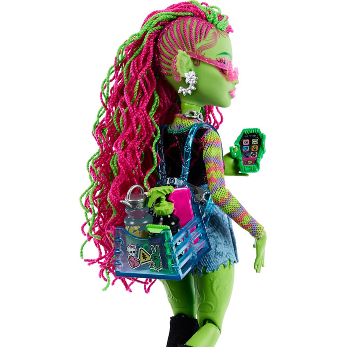 Лялька Monster High Venus McFlytrap з рослинним монстром-кітом Чуліаном та аксесуарами, такими як рюкзак, блокнот, снеки тощо, HRP81 Lime Green
