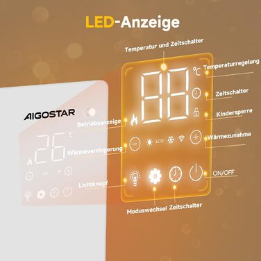 Електричний скляний конвекторний обігрівач Aigostar з пультом дистанційного керування для кімнат площею приблизно 30 м, радіатор з термостатом, енергозберігаючий ECO, тихий, 24-часовий таймер, окремостоячий/настінний, додаток Wi-Fi, 2000 Вт, чорний, білий