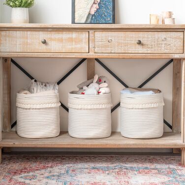 Декоративний кошик Mkono з макраме з бавовняної мотузки, декор для дитячої кімнати в стилі бохо, маленький, милий, плетений пензлик, шафа, контейнер для зберігання дитячих іграшок, журналів, вітальня, спальня, колір слонової кістки 11&39x11&39