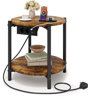 Круглий бічний столик IRONCK, журнальний столик з розеткою, невеликий дерев&39яний столик, стіл для вітальні з 2 полицями, столик-диван, порт USB та Type-C, металевий каркас, тумбочка для спальні (вінтажний коричневий, )