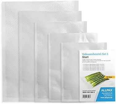 Пакет для вакуумного пакування Allpax Set START екстра міцний - 5 різних розмірів по 20 шт. кожен - для всіх вакуумних пакувальників - ідеально підходить для приготування їжі та су-від - набір для мікрохвильової печі та харчових продуктів 'START'