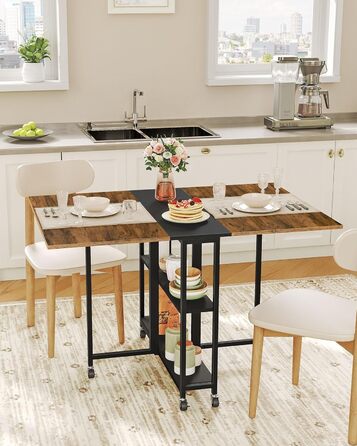 Розкладний обідній стіл, кухонний стіл, мобільний стіл, розкладний стіл з 6 коліщатками, що блокуються, та 2 полицями, для кухні, вітальні, квартири, сільський коричневий та чорний DTCZ01BF Рустикальний коричневий, чорний