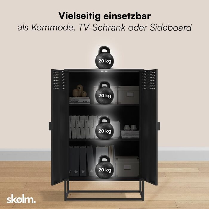 Металевий комод Skølm Izar Шафа для вітальні чорного кольору Металева шафа з 3 відділеннями та подвійними дверима Сервант для вітальні Багатофункціональна шафа шириною 80 см Висока комод в індустріальному стилі чорного кольору 125 см