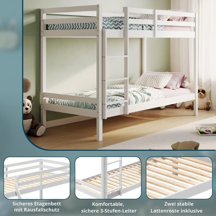 Дитяче ліжко-горище Kids Collective, двоярусне ліжко, ліжко-горище 90x200 Дерев&39яне дитяче ліжко, сертифіковане EN 747, компактне та безпечне двоярусне ліжко 206x96x146 см (ШxГxВ) Білий Для дітей віком від 4 до 18 років, 90x200 см, матрац не входить до 
