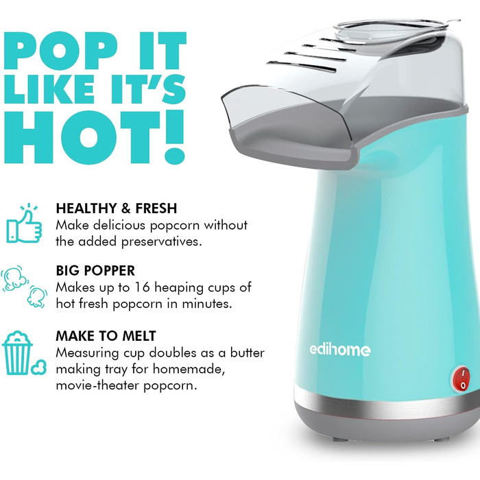Машина для приготування попкорну, Машини для приготування попкорну, Електрична машина для приготування попкорну, 1200 Вт, включаючи дозуючу ложку, Попкорн готовий за 2 хвилини, Домашній кінотеатр, Серія (синій)