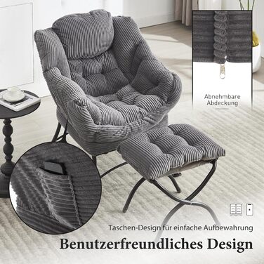 Крісло-гойдалка з оттоманкою, реклайнер з підніжкою крісло для спальні для дорослих, сучасне декоративне крісло для відпочинку з підлокітниками, ергономічна підставка для ніг, сірий колір