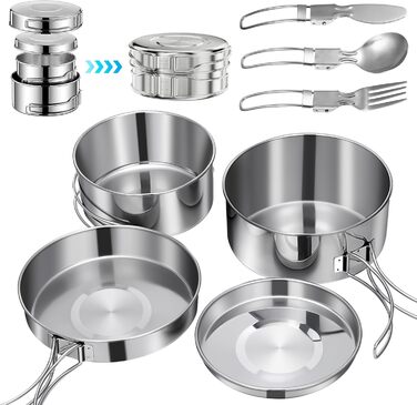 Набір посуду для кемпінгу, відкритий, 2-3 особи, горщик з нержавіючої сталі з посудом, каструля, складна кемпінгова посудина, тарілка для пікніка, походів, кемпінгу, походів, срібного кольору