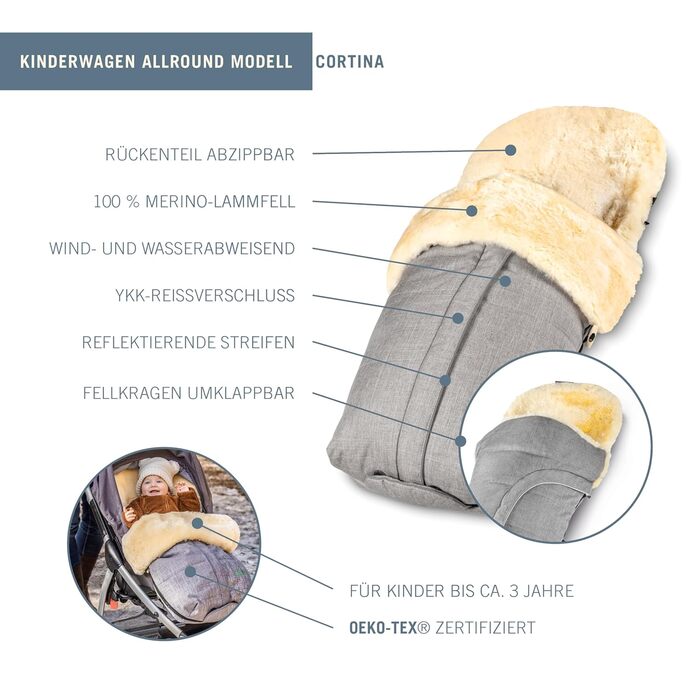 Муфта для ніг Cortina з овчини, сертифікована Oeko-TEX, 45x97 см, вітро- та водонепроникна, можна прати при температурі до 30C, от