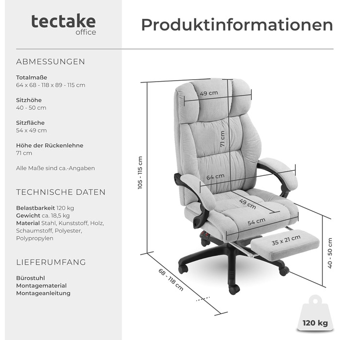 Ергономічне офісне крісло tectake, велюрове поворотне крісло, офісне крісло з підставкою для ніг, крісло керівника, письмове крісло, крісло, ігрове крісло, ергономічне офісне крісло, ігрове крісло - сірий колір