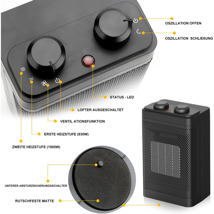 Енергозберігаючий вентилятор-обігрівач - 1500 Вт/2 с швидкий нагрів/3 режими нагріву/коливання 70/тихий обігрівач із захистом від перекидання та перегріву, керамічний вентилятор-обігрівач для офісу, спальні