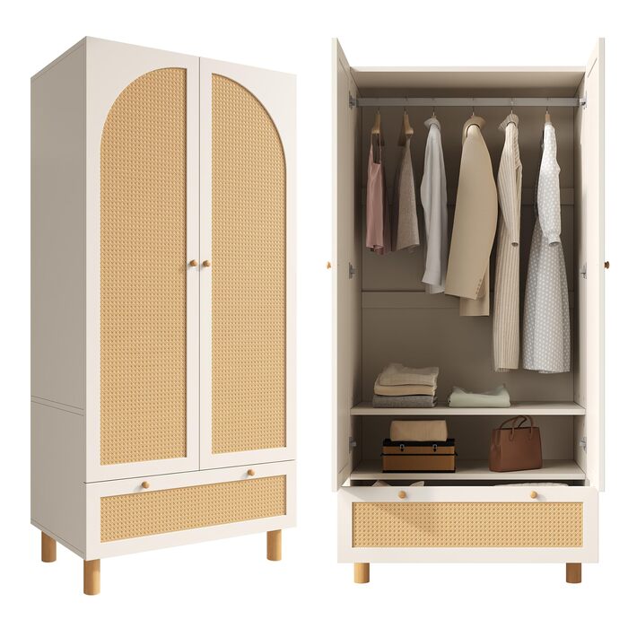 Шафа EMKK з 2 дверима, плетена шафа з ротанга, багатофункціональна шафа в сільському стилі, гардеробна-шафа, з великою шухлядою, біла, 180x85x52 см (В/Ш/Г)