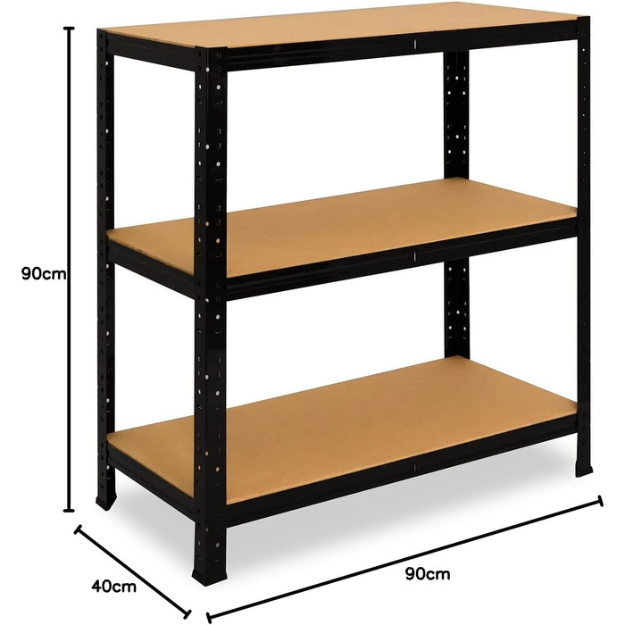 Чорний надміцний стелаж/Металевий стелаж, 3 полиці, вантажопідйомність 175 кг кожна/Полиця для зберігання, полиця для підвалу, полиця для дому/Металева полиця, стояча, В 90см / Ш 90см / Г 40см, 90x90x40