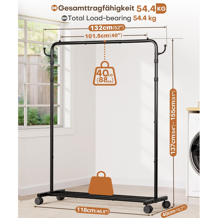 Багатофункціональна вішалка для одягу Yorbay з регульованою висотою на колесах міцна металева вішалка для одягу з полицею для багажу - компактна вішалка для одягу для спальні та пральні (117,5 см) чорного кольору 117,5 см