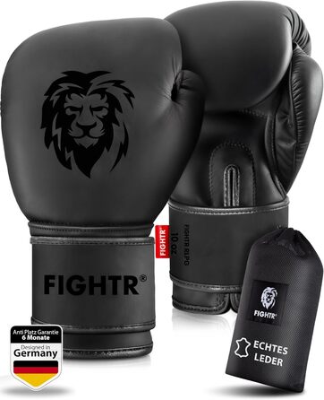 Боксерські рукавички FIGHTR Pro з натуральної шкіри Чоловічі та жіночі для боксу, MMA, муай-тай, кікбоксингу та бойових мистецтв 10, 12, 14, 16 унцій У комплекті сумка для перенесення 14 унцій, повністю чорного кольору