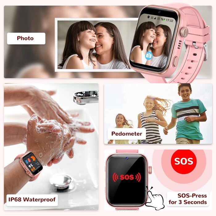 Дитячий смарт-годинник з функцією відеодзвінків та телефону, дитячий годинник з GPS, голосовим чатом, WhatsApp, WiFi, SOS, SMS, шкільним режимом, крокоміром, водонепроникний IP68, будильник, дитячий смарт-годинник для дівчаток/хлопчиків, рожевий