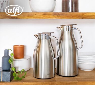 Термос alfi SKYLINE 1,5 л, матова нержавіюча сталь, з гігієнічним загартованим скляним вкладишем, кришка з поворотним замком та зручною кнопкою, ергономічна ручка, керування однією рукою, ідеально підходить як кавник