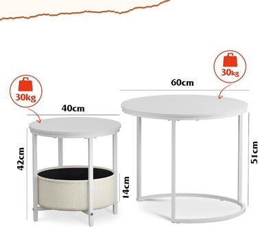 Круглий журнальний столик WLIVE білий, журнальний столик для вітальні з місцем для зберігання, бічний столик з металевим каркасом, журнальний столик для вітальні, спальні, офісу, білий