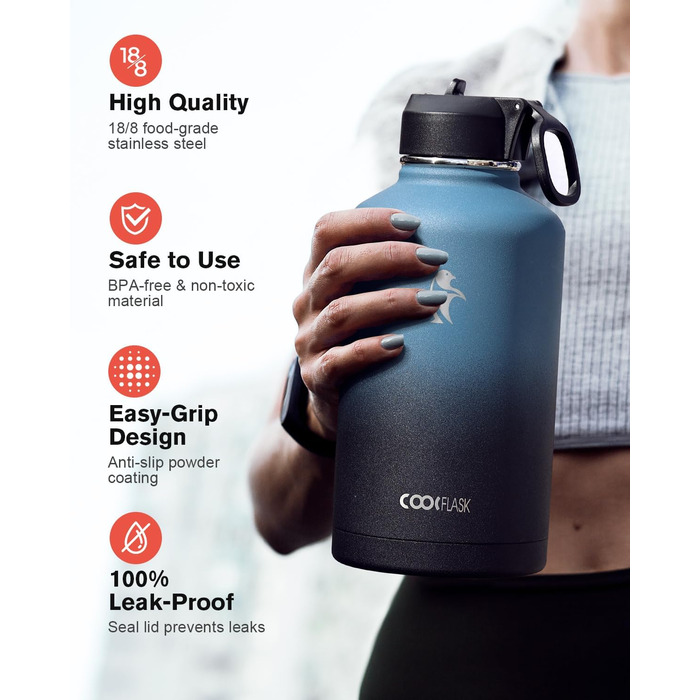 Пляшка для води Coolflask, ізольована, з соломинкою та 3 кришками, глечик для води 1,8 л, великий металевий, з нержавіючої сталі,