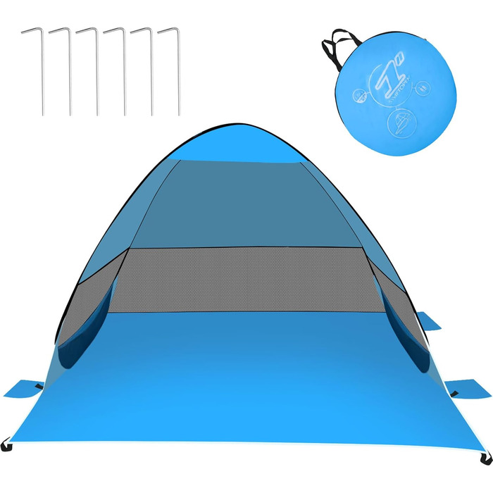 Розкладний пляжний намет на 3-4 особи, пляжний намет із захистом від ультрафіолету UPF 50, автоматичний портативний пляжний намет, вітрозахисний пляжний сімейний намет для пляжу, кемпінгу, риболовлі (синій)
