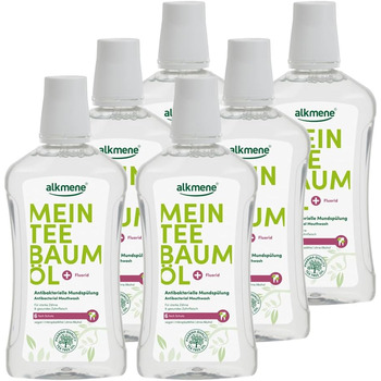 Антибактеріальна рідина для полоскання рота alkmene My Tea Tree Oil 6 шт. 500 мл з 6-кратним захистом - натуральна олія чайного дерева, веганська та кліматично нейтральна - Ополіскувач для порожнини рота для міцних зубів і здорових ясен - Ополіскувач для 