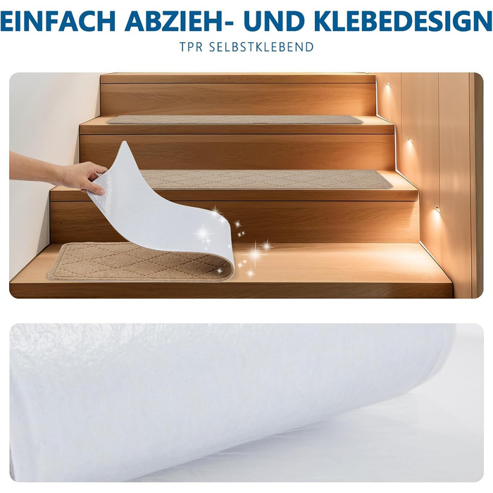 Килимові сходинки, нековзні, 20x76 см (15 шт.), килимова доріжка для сходів, багаторазовий клей для чистих, гладких сходів, захисний килимок для сходів для дітей, бежевий