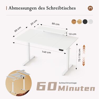 Стіл Klicelor з регульованою висотою та рухомою підставкою для монітора, 140x80 см, стіл для роботи сидячи/стоячи з 2 кнопками пам&39яті, 4-елементна стільниця, комп&39ютерний стіл, білий 140 x 80 см