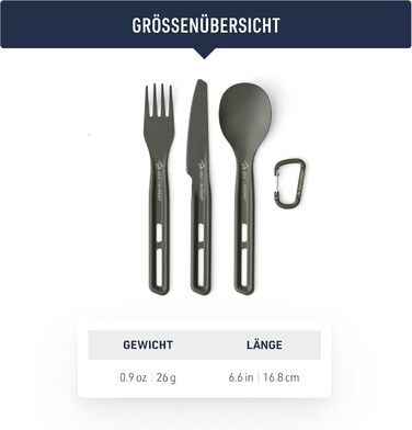 Набір столових приборів Frontier Ultralight - 1 особа, 3 предмети - Кемпінгова виделка, ложка та ніж карабін - Легкий - Кемпінговий посуд з твердого анодованого алюмінію - Гладке та матове покриття - 26 г виделка, ложка та ніж
