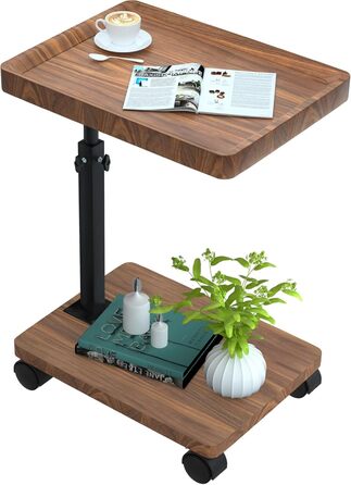 Журнальний столик з колесами Журнальний столик з регульованою висотою (45-80 см) Дерев&39яні жорстокі столики, С-подібної форми, обертаються на 360, з горіховим покриттям Невеликий журнальний столик для вітальні, дивана, кушетки (горіх)