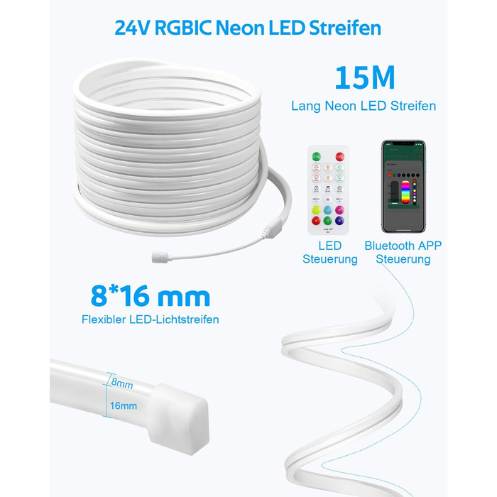 Неонова світлодіодна стрічка Aclorol RGB IC 15M 24V зі світлодіодною стрічкою з керуванням додатком Світлодіодна стрічка Водонепроникна зовнішня гнучка світлодіодна трубка, що змінює колір, працює з керуванням програмами Синхронізація музики для вечірок, 