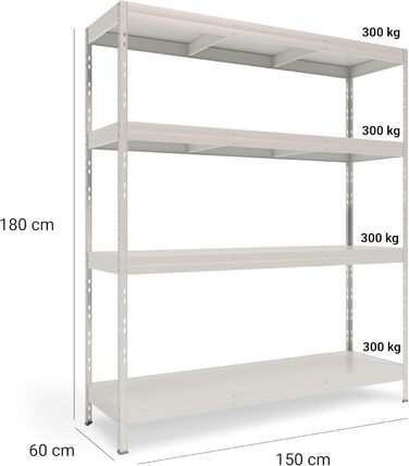 Міцний стелаж RIVETGreen XL 180x150x50 см 4 полиці HDF вантажопідйомність 700 кг металевий стелаж з переробленої сталі білий лак вставна система регульована висота екологічний та міцний