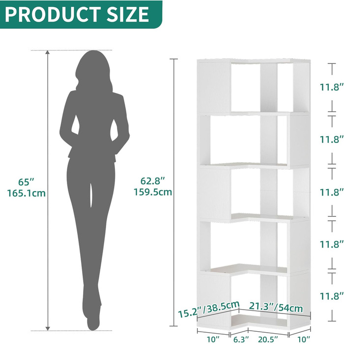 Біла книжкова полиця YITAHOME, 6-ярусна кутова полиця, L-подібна полиця, декоративна для вітальні, спальні, кабінету, стелаж, 23,3 дюйма завдовжки x 15,2 дюйма завширшки x 62,8 дюйма заввишки