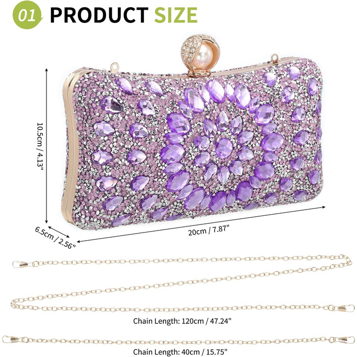 Вечірня сумочка для жінок, блискуче кришталеве клатч з ланцюжком на плече для весілля, вечірки, вихідних, світло-ліловий
