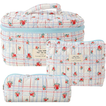 Набір стьобаних бавовняних косметичок Fiorky з 3 частин з квітковим візерунком, велика місткість, застібка-блискавка, набір бавовн