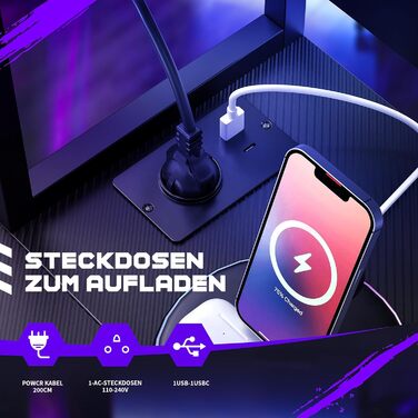 Г-подібний стіл Yansee, ігровий стіл з полицею, світлодіодне освітлення, порт зарядки USB, порт Type-C та розетка, кутовий стіл для домашнього офісу 120 x 50 x 75,5 см, чорний