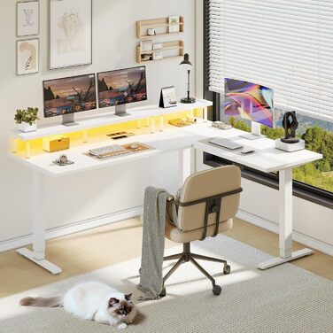 Стіл OffiGo з регульованою висотою, кутовий стіл 150x120 см з кріпленням для монітора, електричний L-подібний стіл з розетками, комп&39ютерний стіл зі світлодіодною стрічкою для офісу, білий