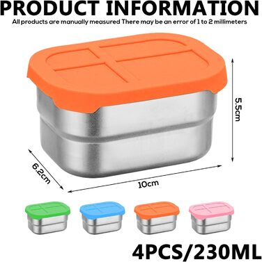 Набір з 4 контейнерів для перекусів з нержавіючої сталі, 230 мл, з силіконовою кришкою. Герметичні контейнери для їжі, фруктів, мюслі та заморозки.