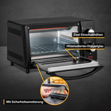 Міні-піч TZS First Austria 10 літрів, 800 Вт, до 230 градусів, плавне регулювання температури, таймер на 60 хвилин, 2 висоти полиць, подвійні скляні дверцята, міні-піч