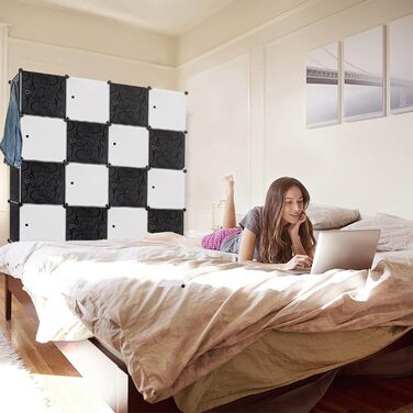 Система полиць для гардеробу HENGMEI з дверцятами, пластик ПП, для зберігання одягу та книг, самостійне складання, вставний стелаж (20 коробок з дверцятами, з 2 рейками для одягу, чорний)