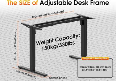 Електрична настільна рама з регулюванням висоти, регульована по висоті настільна підставка з портом USB-C, функцією пам&39яті та функцією запобігання зіткненням, 2 двигуни, чорний колір