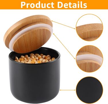 Набір з 4 керамічних контейнерів для зберігання, керамічна банка 260 мл з кришкою, наклейкою та силіконовим кільцем, чорна цукорниця для спецій, цукру, кави