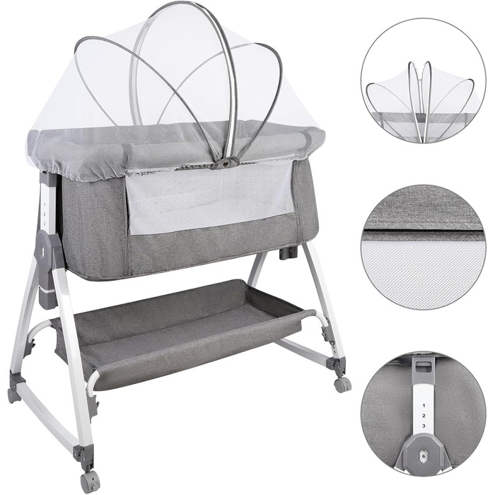 Дитяче ліжечко OHMG Side-by-Side, дитяче ліжко, дитяча колиска, дитяче ліжко 3 в 1 для новонароджених, ліжко-гойдалка для дому та подорожей з колесами, регульована висота 6 шт. (сірий (80x40x100-115 см))