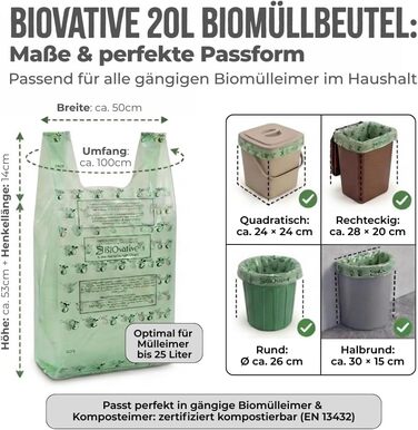 Літрові компостовані пакети для сміття з ручками 56 пакетів, компостовані, зроблені в Німеччині Міцні, кліматично нейтральні та веганські компостовані пакети для сміття, 20 л з ручкою для перенесення - 56 пакетів, 20-