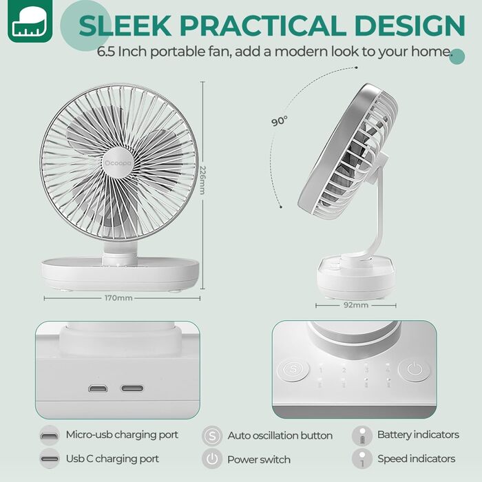 Автоматичний коливальний вентилятор OCOOPA, тихий, 30 дБ, батарея 4000 мАг і настільний вентилятор USB із сильним потоком повітря, 4 швидкості Портативний невеликий вентилятор для офісу, дому та надворі